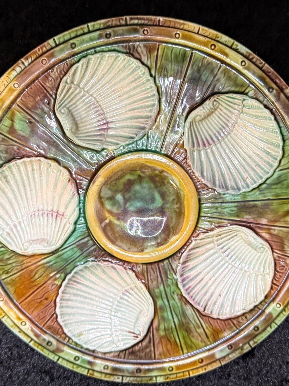 Antique French Fives Lille Majolica Turquoise Clam Shell Oyster Plate 9.75" A935